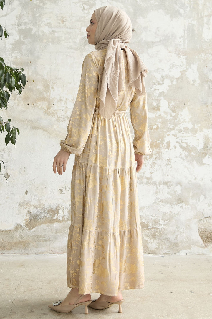 MDS Women Gold Leaf Patterned Dress - Mink - Oldham