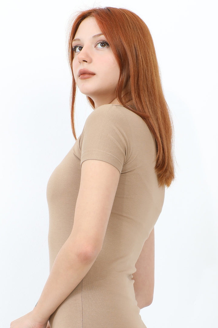 MDS Women Bicycle Collar Short Sleeve Basic T-Shirt - Beige - Ansbach