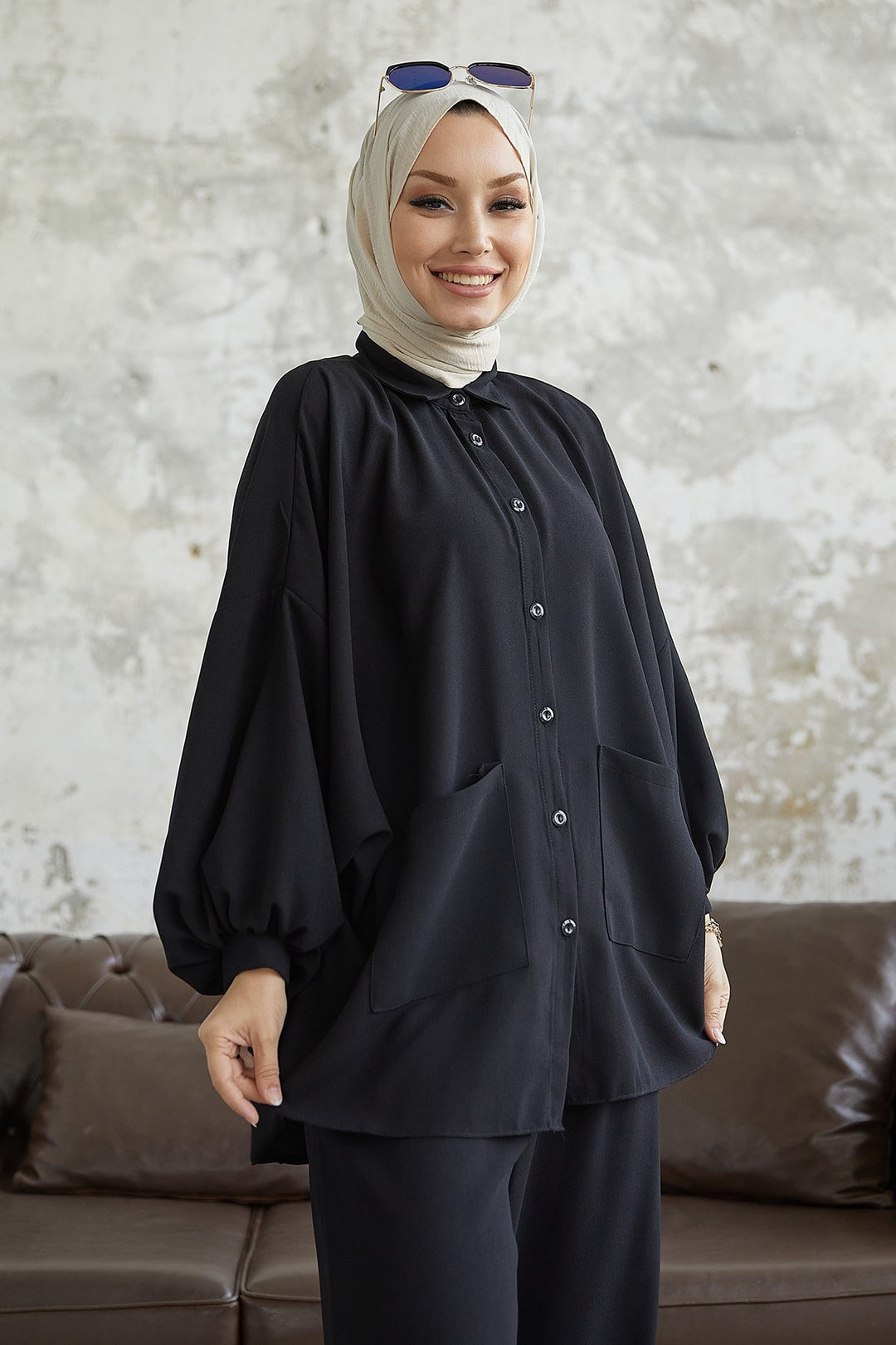 MDS Women Muno Balloon Sleeve Casual Set - Black - Beaumont