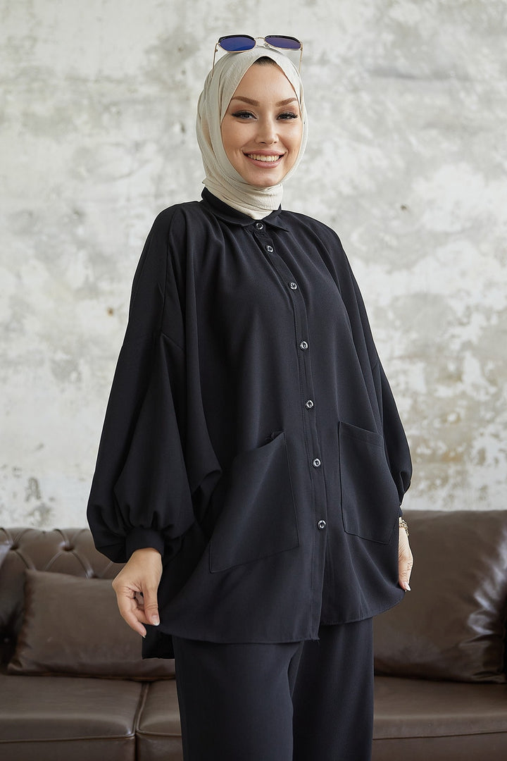 MDS Women Muno Balloon Sleeve Casual Set - Black - Beaumont