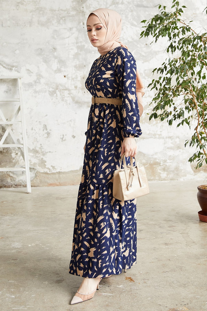 MDS Women Rena Straw Belted Patterned Dress - Navy Blue - Pombal