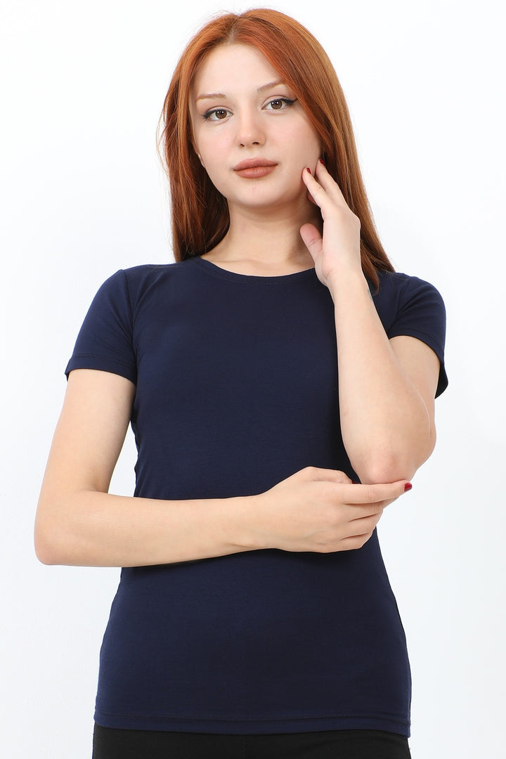 MDS Women Bicycle Collar Short Sleeve Basic T-Shirt - Navy - Stamford