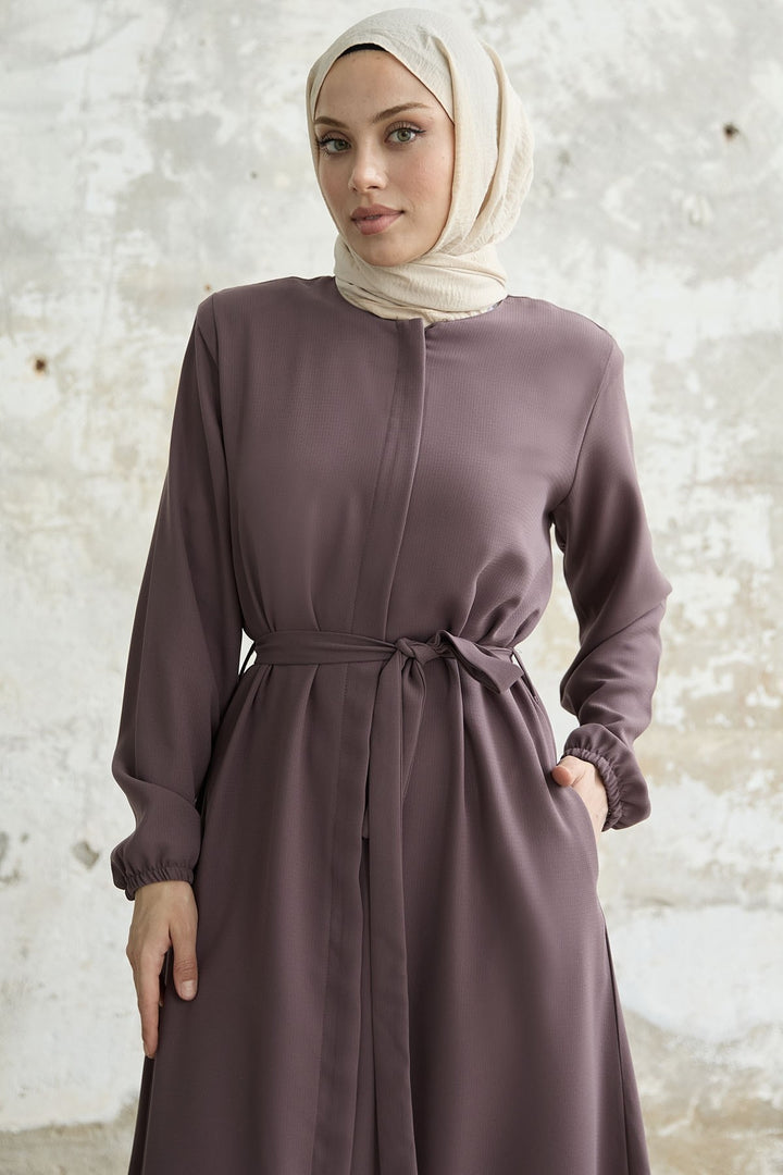 MDS Women Belted Honeycomb Fabric Abaya - Rose Pink - Lehrte