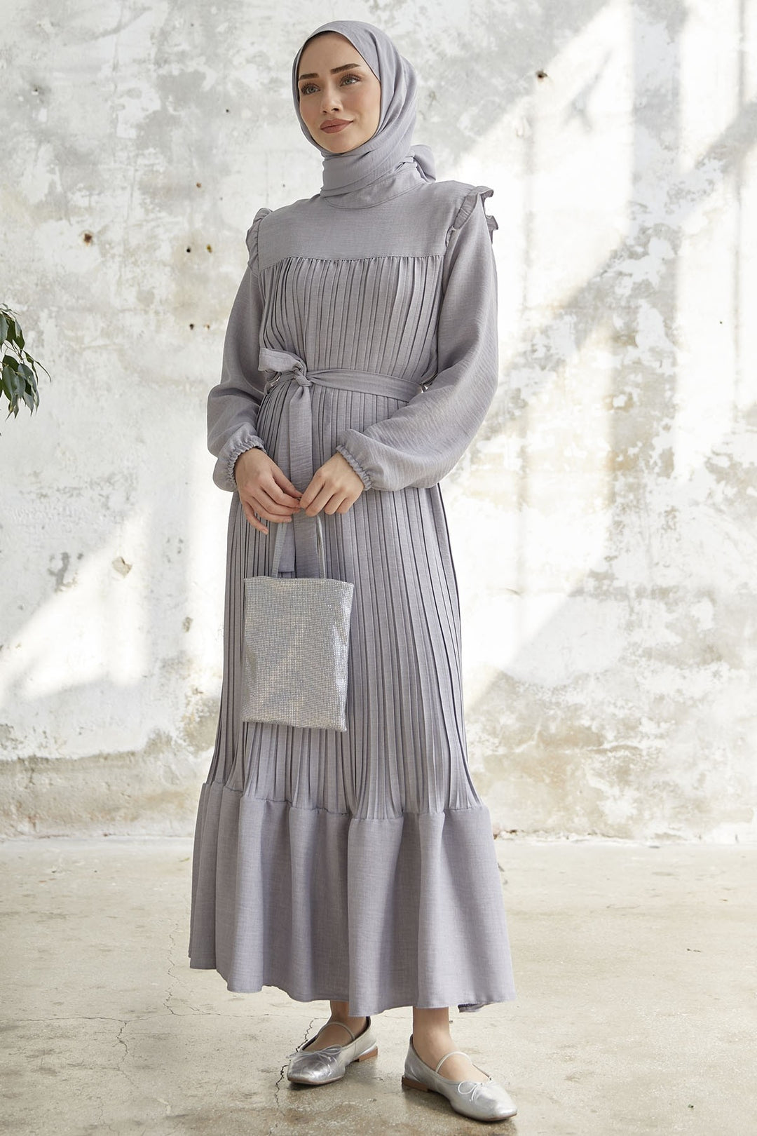 MDS Women Ruffle Trim Linen Dress with Puffed Shoulders - Gray - Vendrell