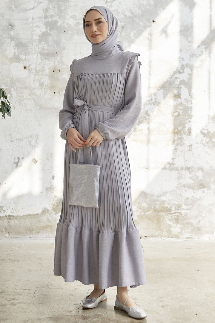 MDS Women Ruffle Trim Linen Dress with Puffed Shoulders - Gray - Vendrell