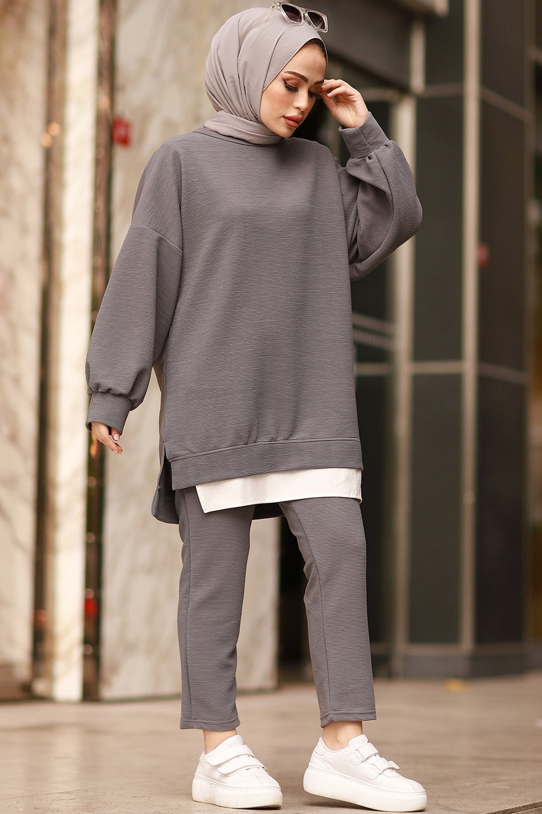 MDS Women Balloon Sleeve Two Piece Set - Gray - Orange