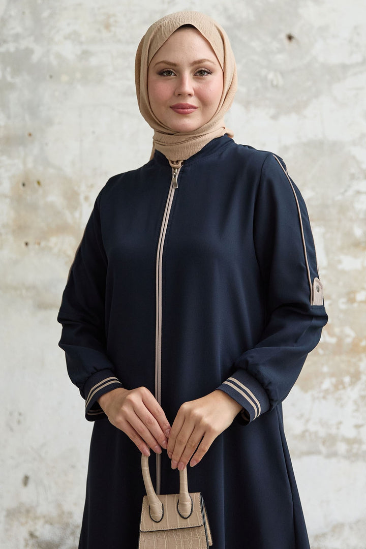 MDS Women Navy Blue Abaya with Half Collar and Striped Cuff - Owings Mills