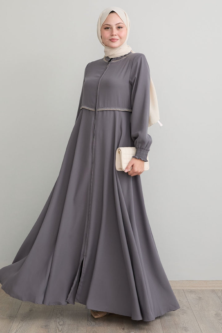MDS Women Embroidered Mevlana Fabric Gray Ferace - Dublin