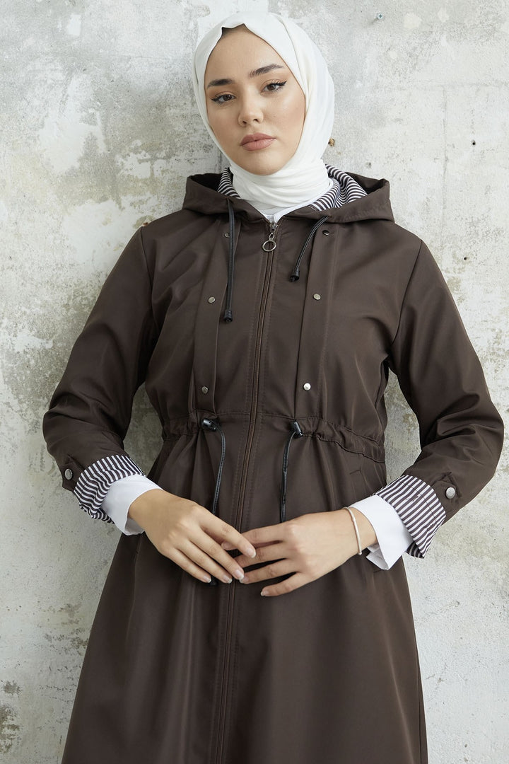 MDS Women Striped Patterned Long Trench Coat - Bitter Brown - Saint Albans