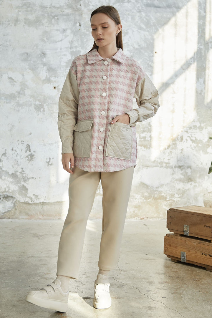 MDS Women Herringbone Pattern Quilted Jacket - Powder - Akron