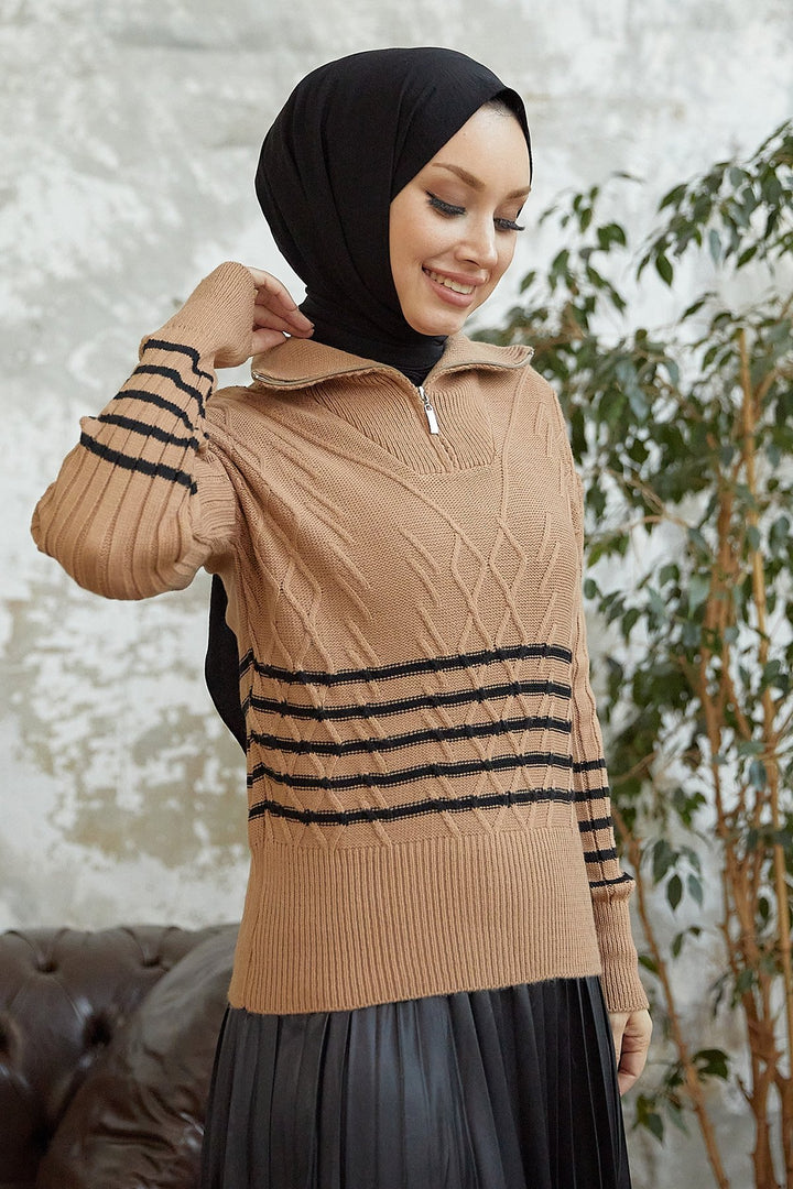 MDS Women Sova Neck Zippered Striped Knit Sweater - Camel - Bridlington