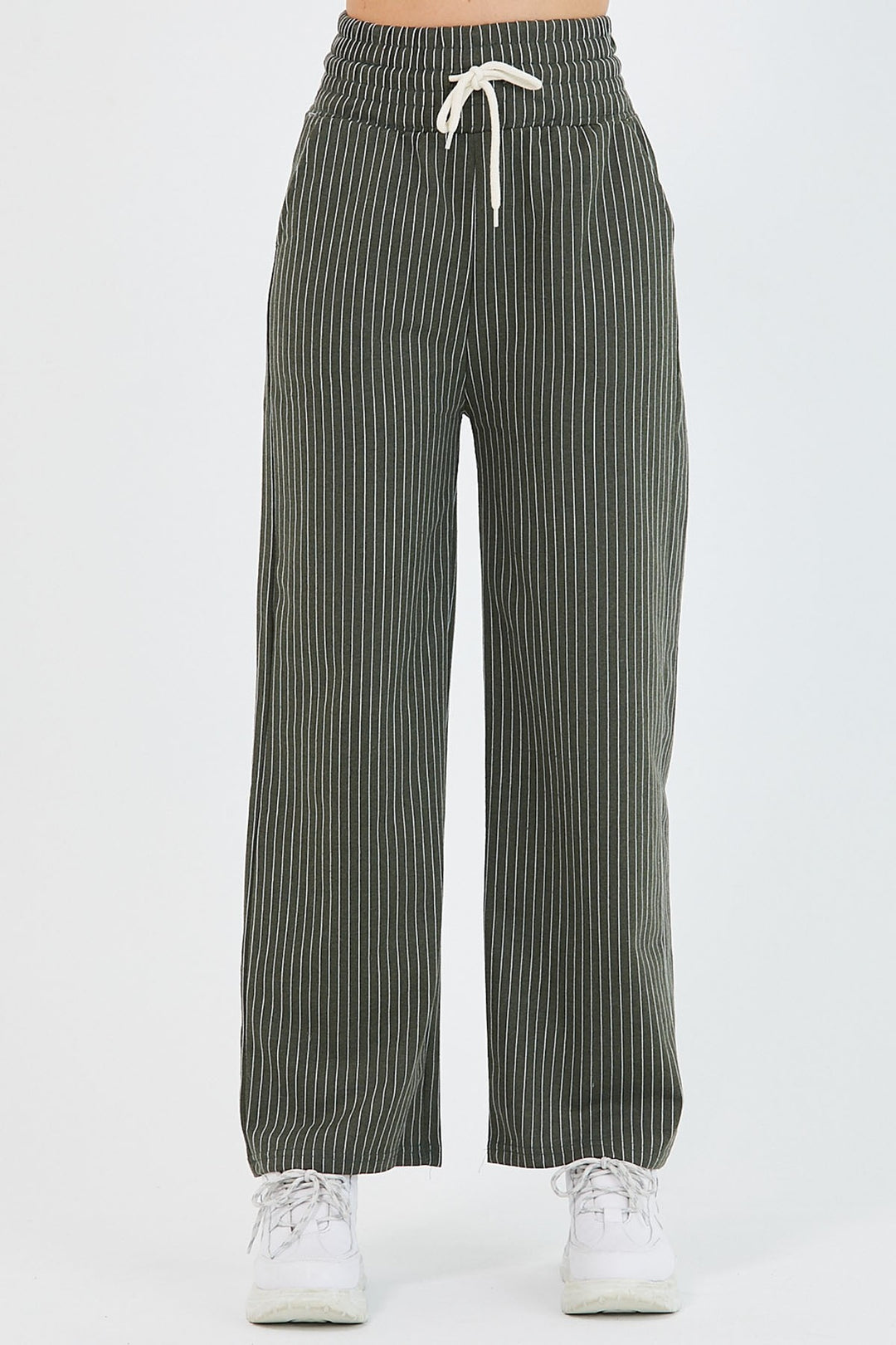 MDS Women High Waist Striped Wide Leg Pants - Khaki - Seaside