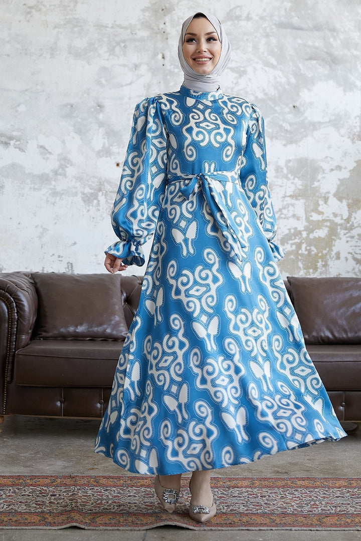 MDS Women Amaris Patterned Belted Satin Dress - Indigo - Trani