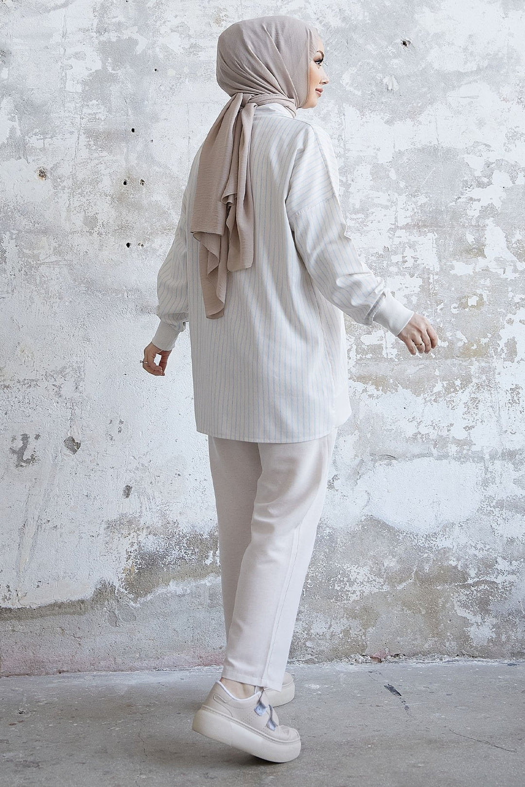 MDS Women Striped Pattern Linen Shirt Set - Light Blue - Matamoros