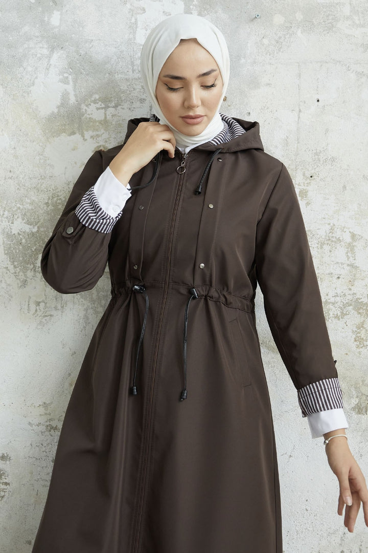 MDS Women Striped Patterned Long Trench Coat - Bitter Brown - Saint Albans