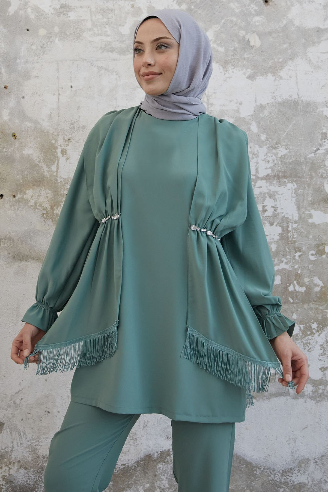 MDS Women Tassel Detail Stone Crepe Set - Mint - Prescott Valley