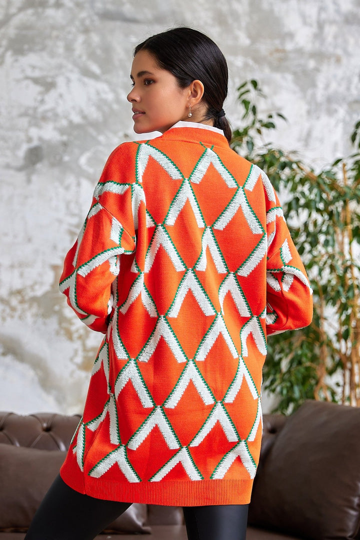 MDS Women V Patterned Loose Knit Cardigan - Orange - Portsmouth