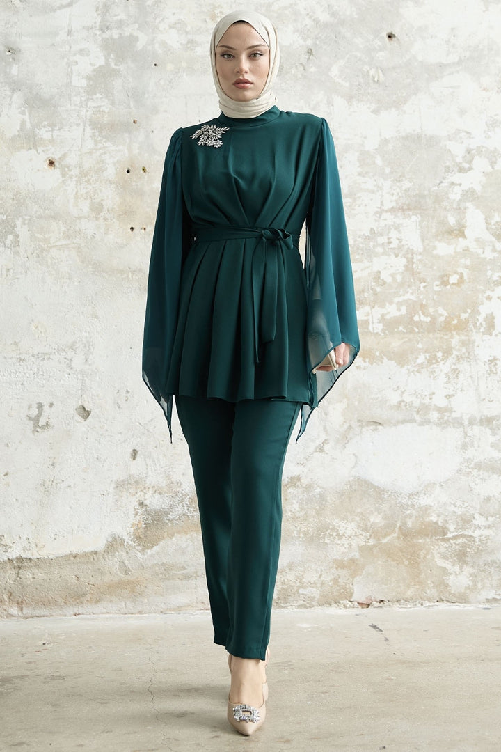 MDS Women Stone-Accented Arm Tulle Crepe Emerald Green Set - Motril