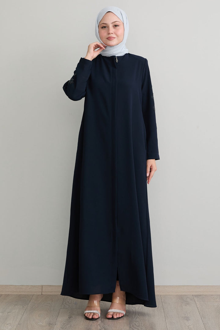 MDS Women Navy Blue Abaya with Leaf Pearl Sleeves - Huntersville