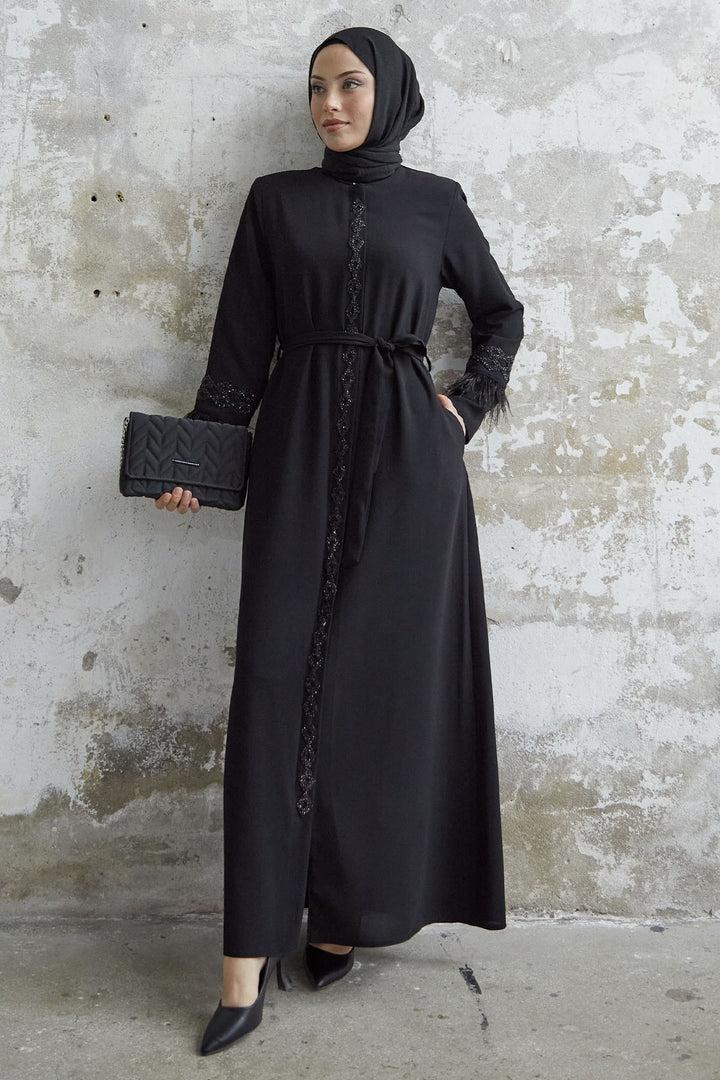 MDS Women Sleeve Tip Feather Detail Stoned Abaya - Black - Dewsbury