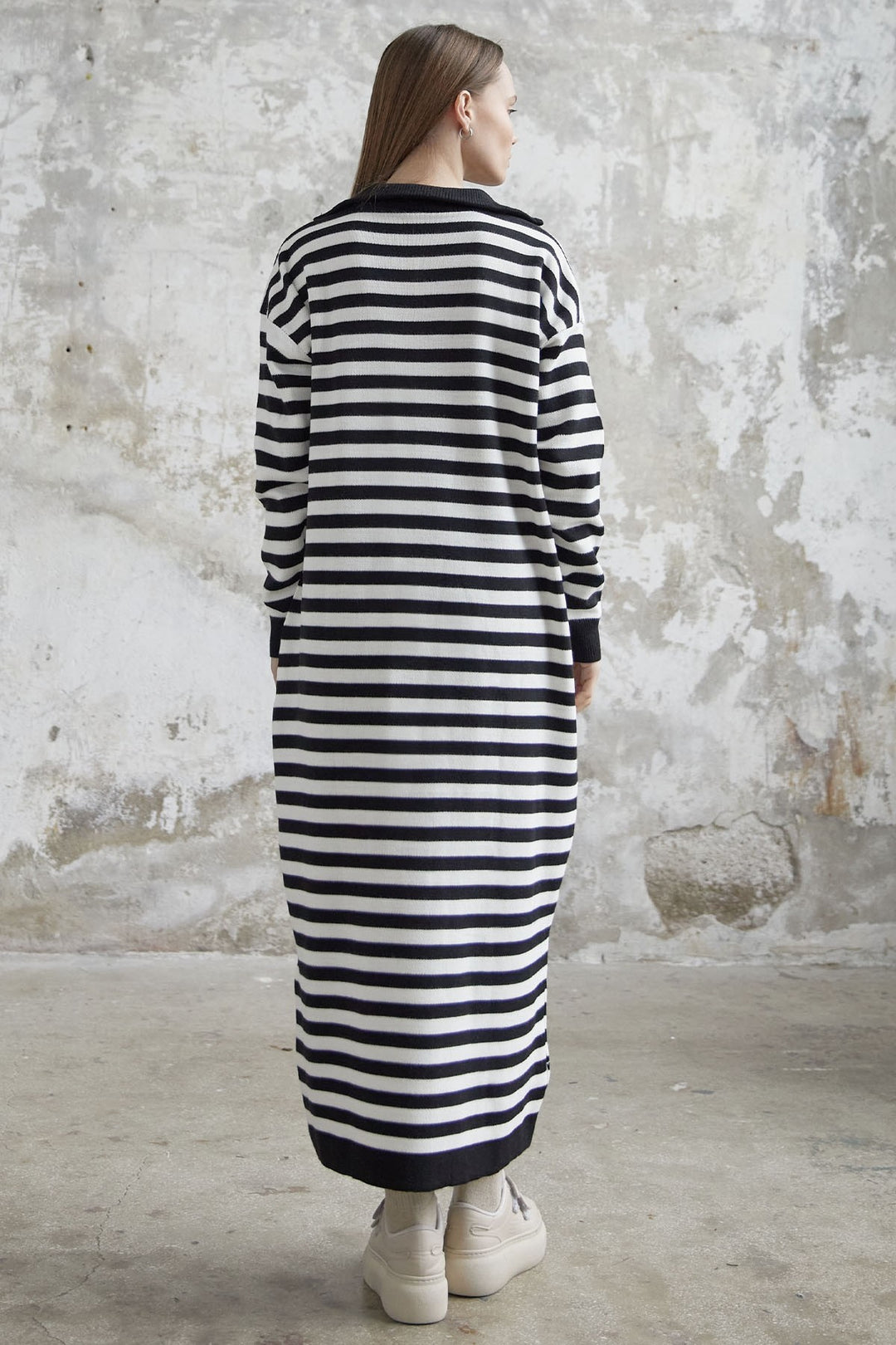 MDS Women Striped Knit Dress with Zippered Neckline - Black - Kiryas Joel