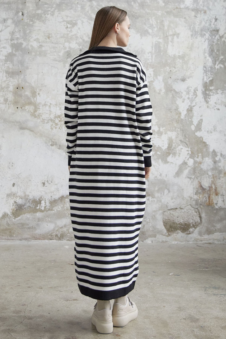 MDS Women Striped Knit Dress with Zippered Neckline - Black - Kiryas Joel