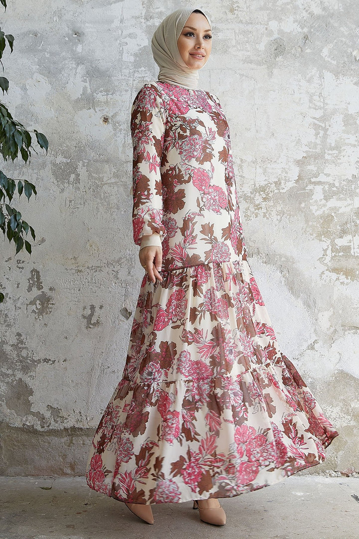 MDS Women Revina Flower Patterned Ruffle Chiffon Dress - Ecru - Santa Catarina Otzolotepec