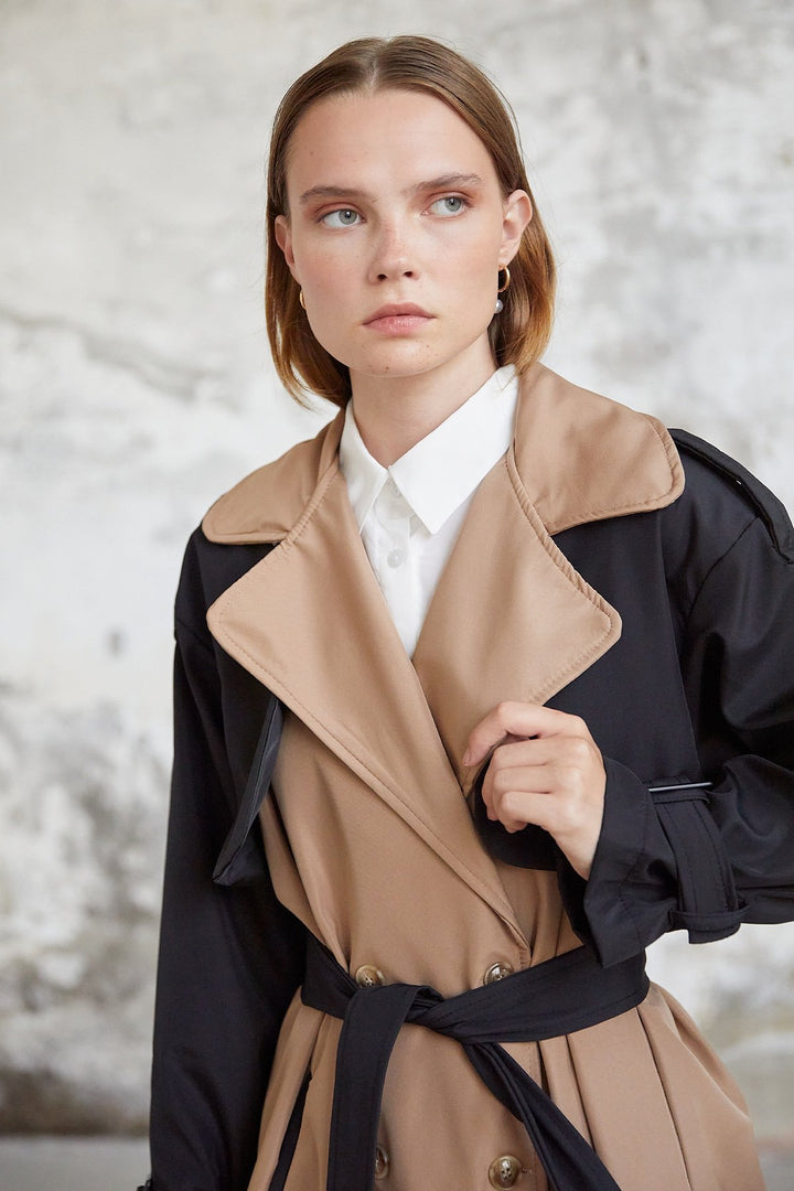 MDS Women Two-Tone Epaulet Detail Trench Coat - Black - Lleida