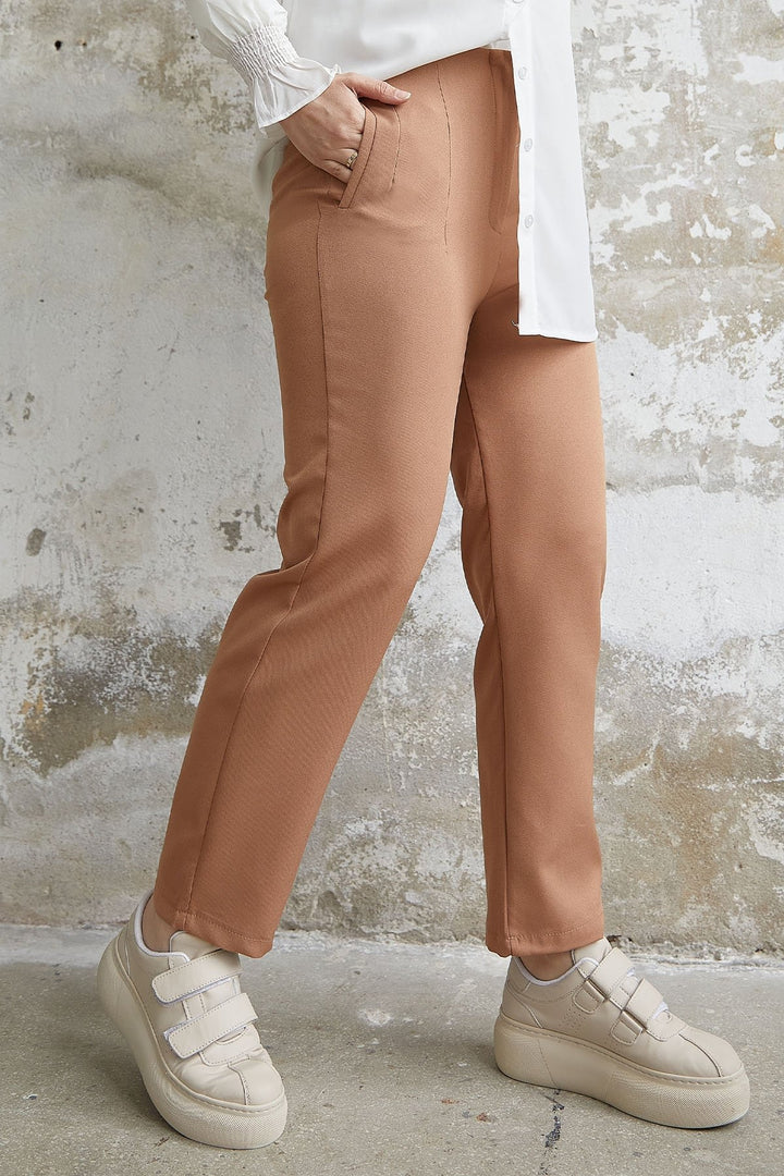 MDS Women High Waist Belted Double Fabric Pants - Camel - Nîmes