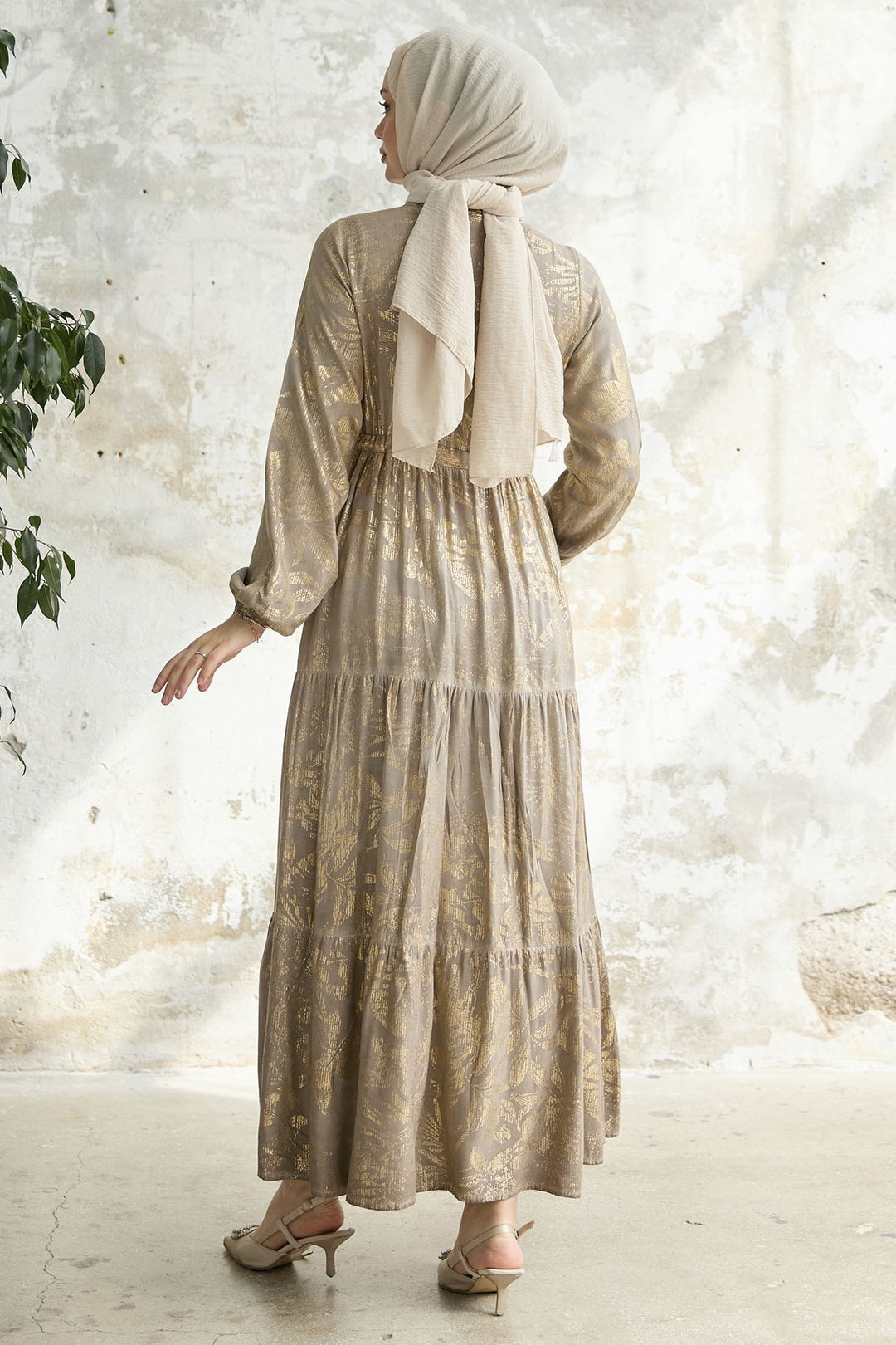 MDS Women Gold Flower Leaf Dress - Mink - Randolph