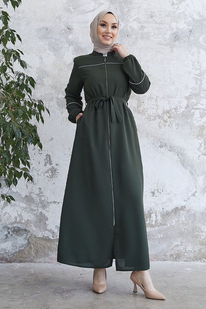 MDS Women Milena Belt Detail Belted Abaya - Khaki - West Babylon