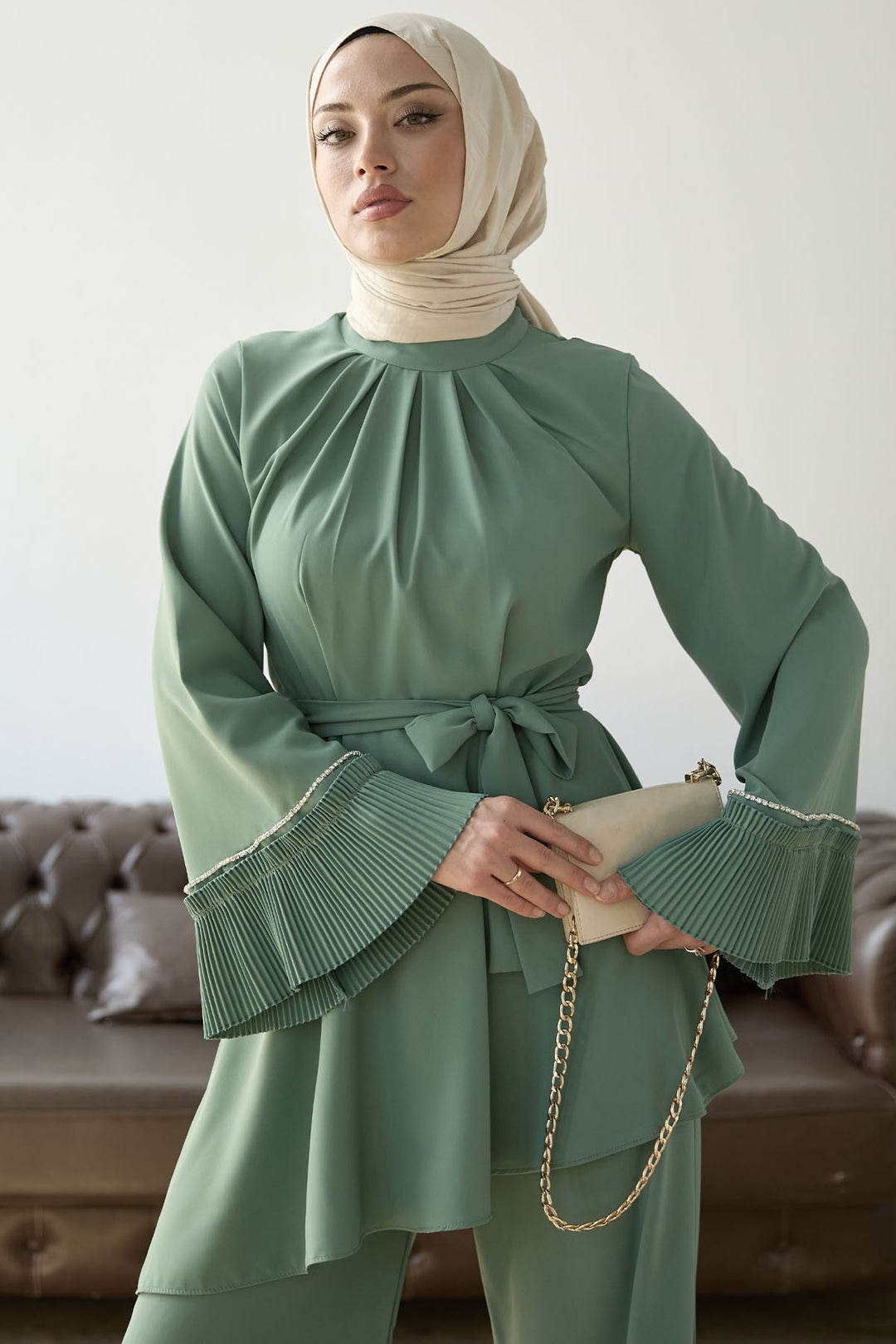 MDS Women Armhole Padded Belted Two Piece Set - Mint - Denver