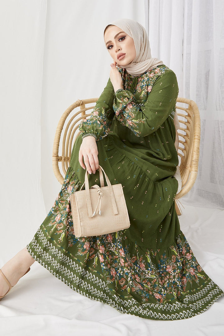 MDS Women Flowy Dress with Watery Pattern - Khaki - Valenciennes