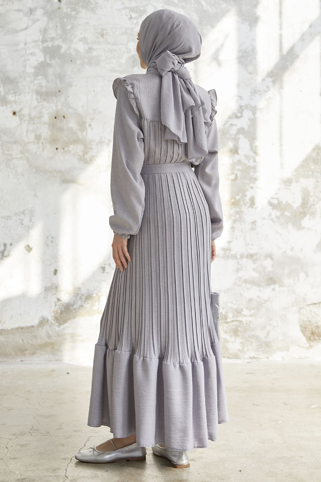 MDS Women Ruffle Trim Linen Dress with Puffed Shoulders - Gray - Vendrell