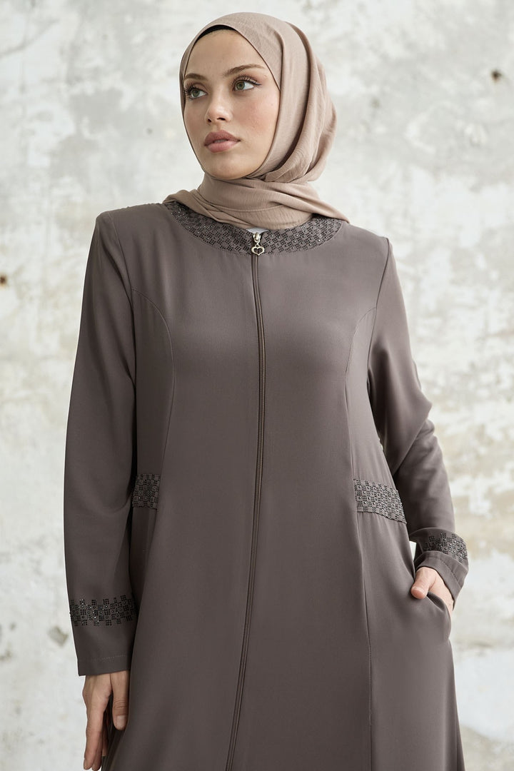 MDS Women Stone-embellished Abaya with Collar and Sleeves - Coffee - Penafiel