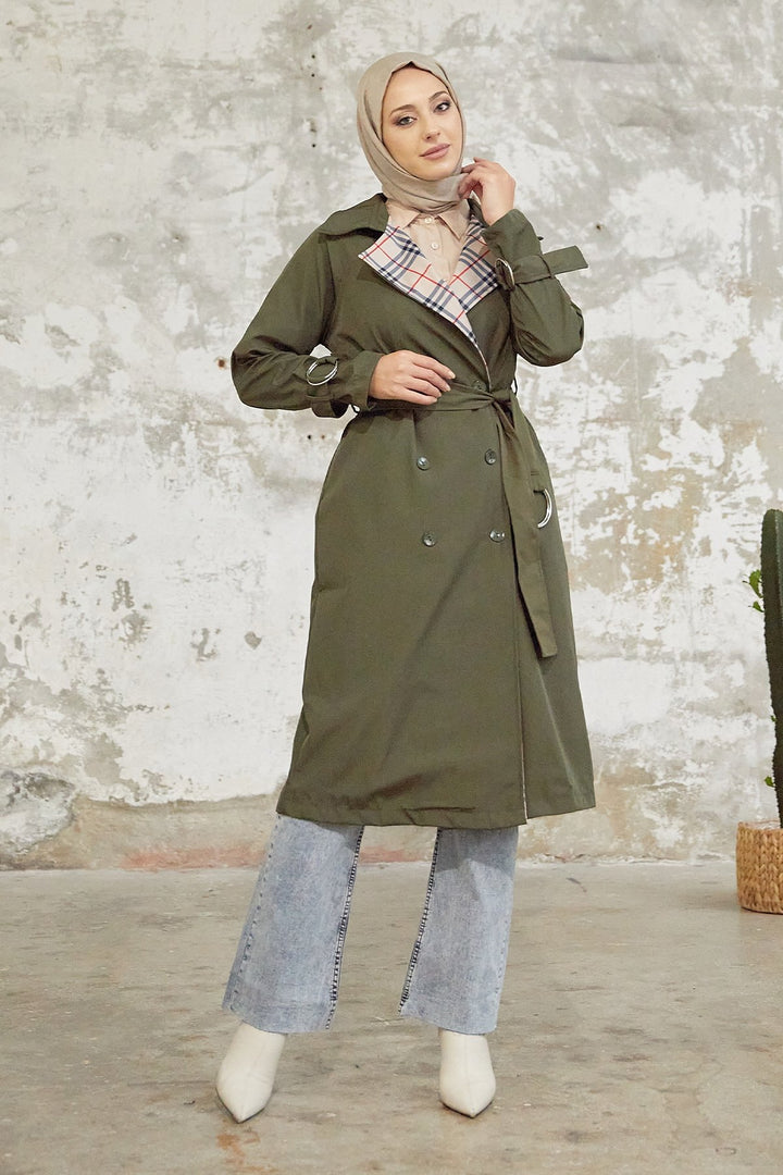 MDS Women Eleta Double-Breasted Checkered Trench Coat - Khaki - Zacatepec
