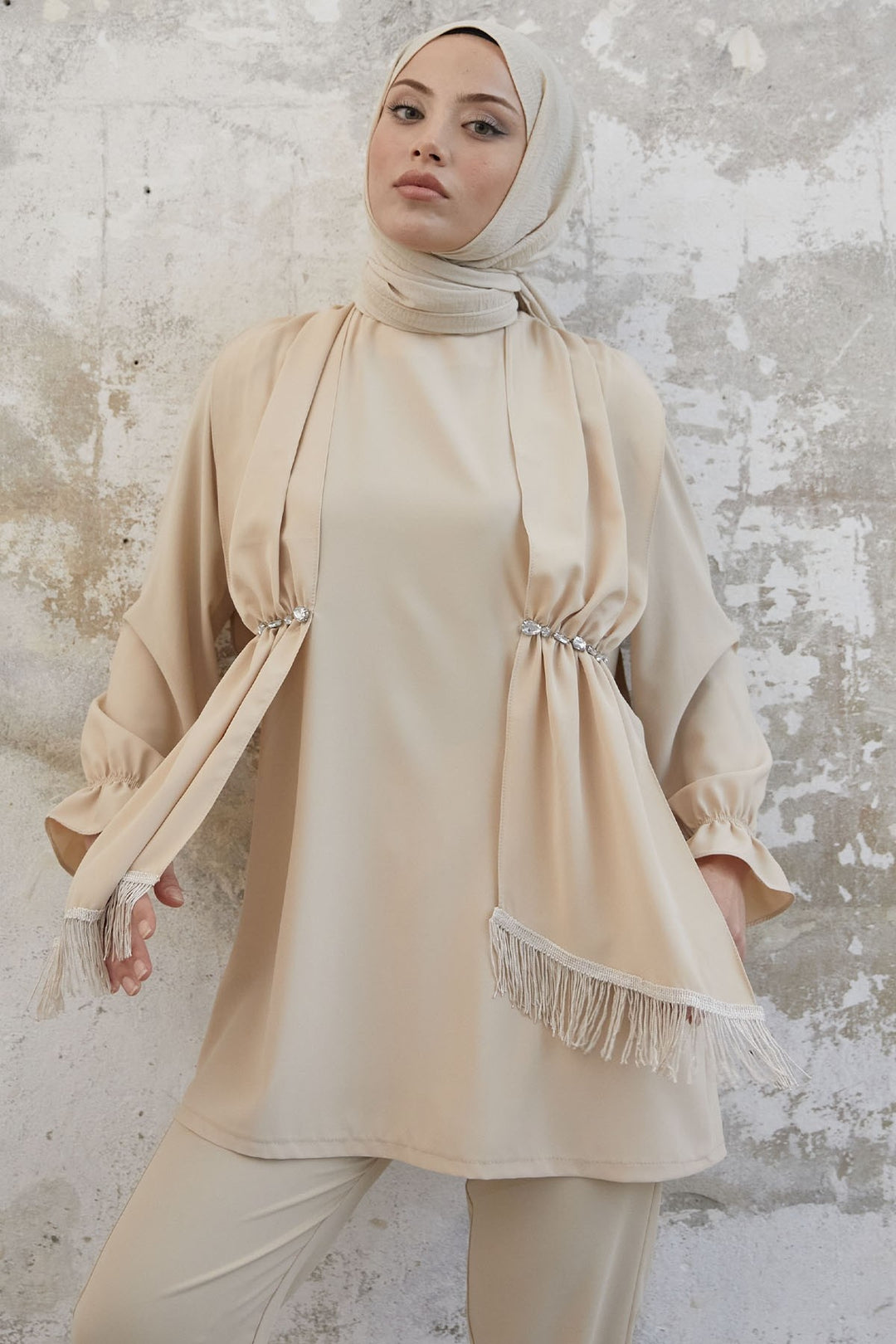 MDS Women Tassel Detail Stone Crepe Set - Beige - Dronten
