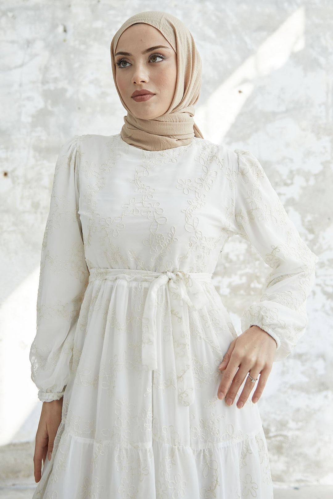 MDS Women Chiffon Dress with Flower Pattern Embroidery - White - Coevorden