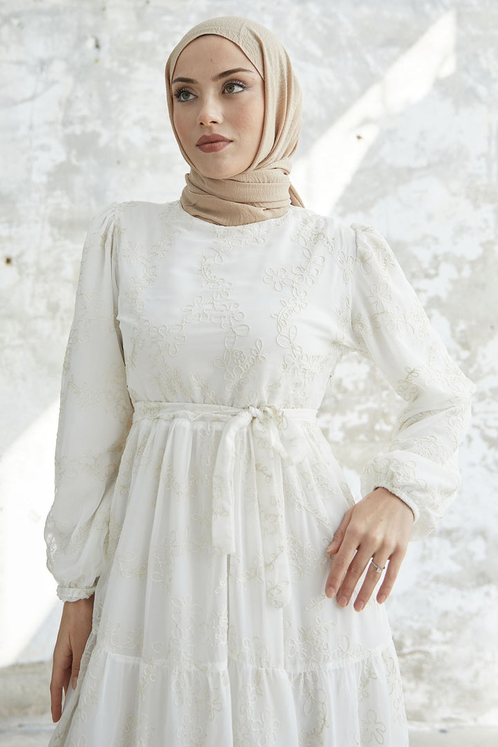 MDS Women Chiffon Dress with Flower Pattern Embroidery - White - Coevorden