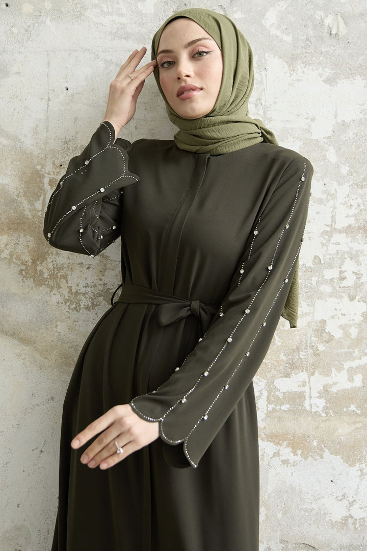 MDS Women Stone-Embroidered Sleeve Abaya - Khaki - San Adrián de Besós