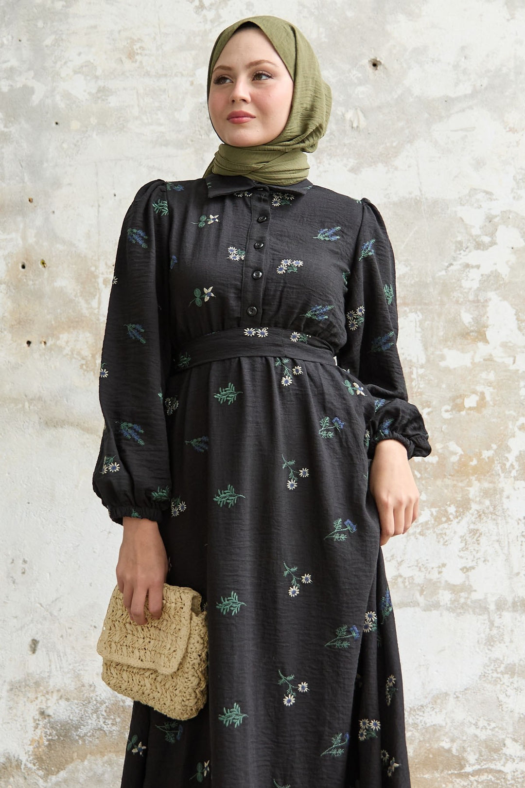 MDS Women Shirt Collar Embroidered Black Dress - Huntersville