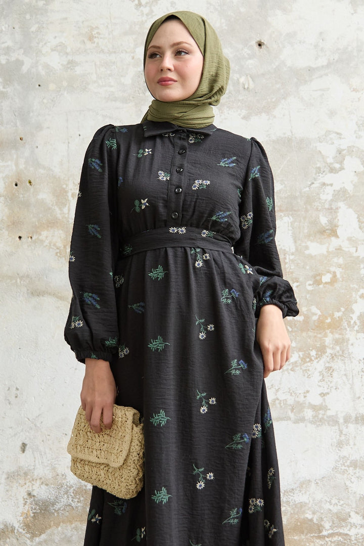 MDS Women Shirt Collar Embroidered Black Dress - Huntersville