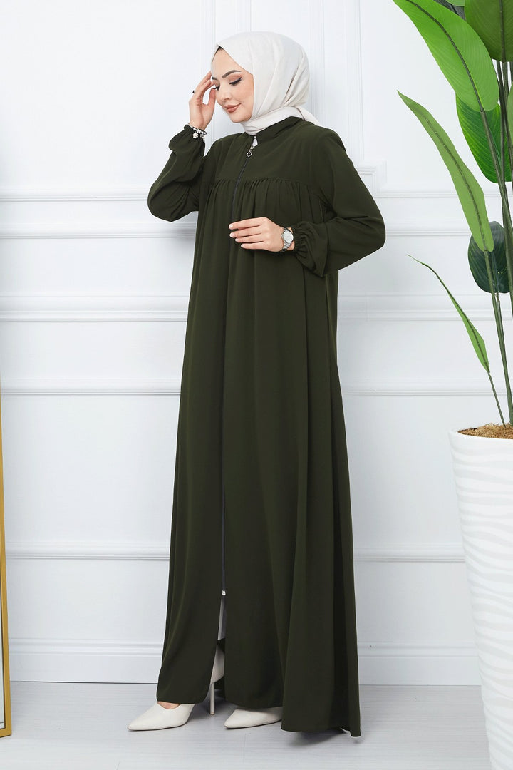 MDS Women Pleated Medina Silk Abaya - Khaki - Huelva