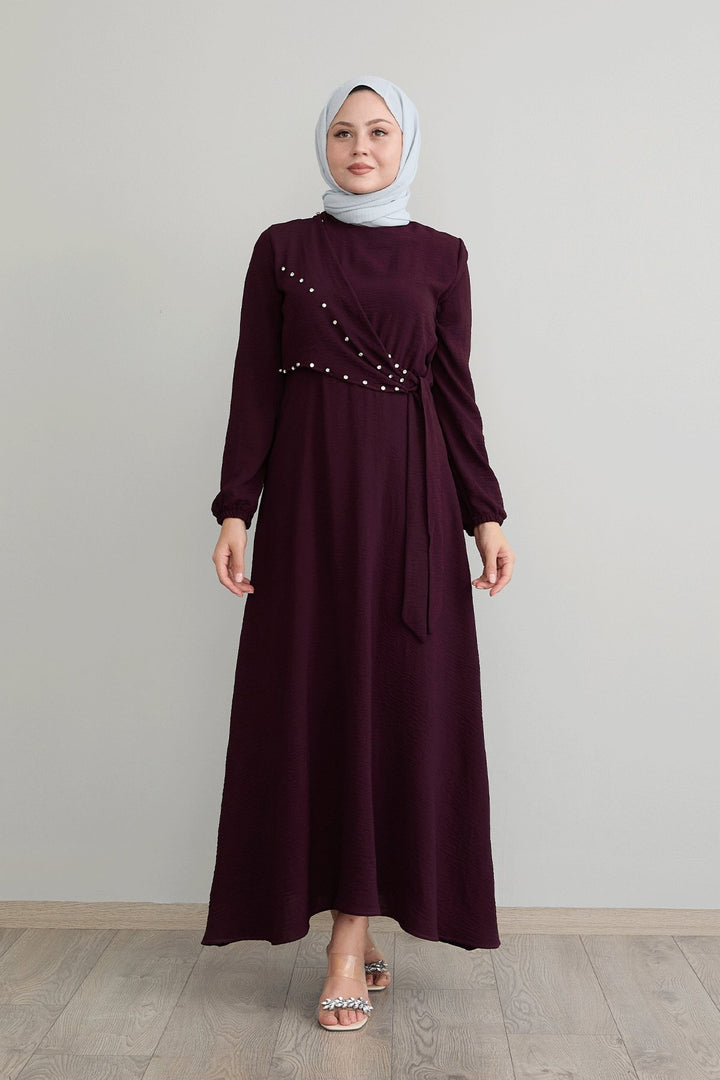 MDS Women Burgundy A-line Dress with Front Tie Detail - Mexico City