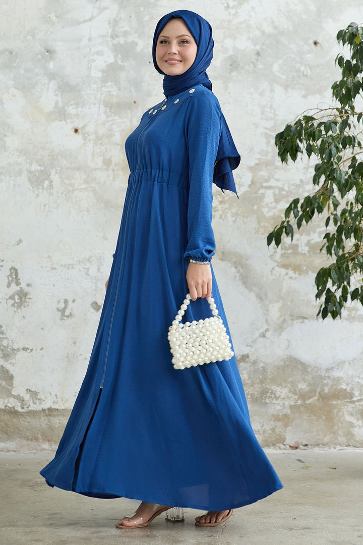 MDS Women Flower Pearl Embellished Elastic Waist Blue Abaya - Bitterfeld