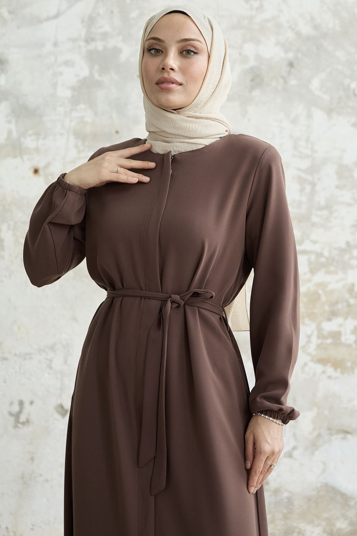 MDS Women Belted Honeycomb Fabric Abaya - Brown - Grenoble