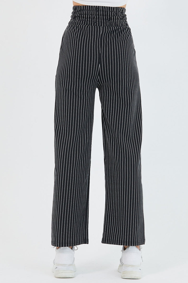 MDS Women High Waist Striped Wide Leg Pants - Black - Zalău