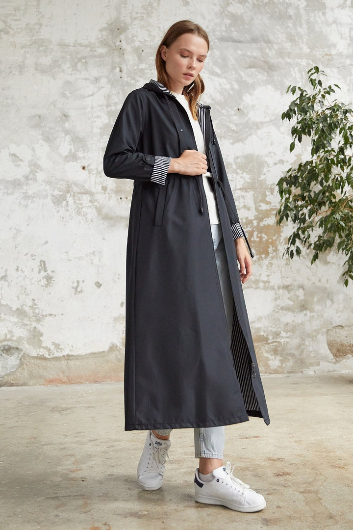 MDS Women Striped Patterned Long Trench Coat - Black - Alghero