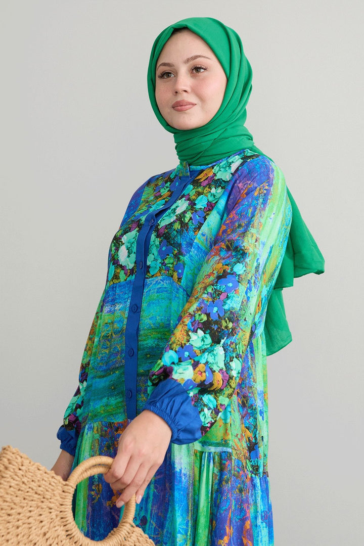 MDS Women Abstract Flowered Green Viscose Dress - Melchor Ocampo