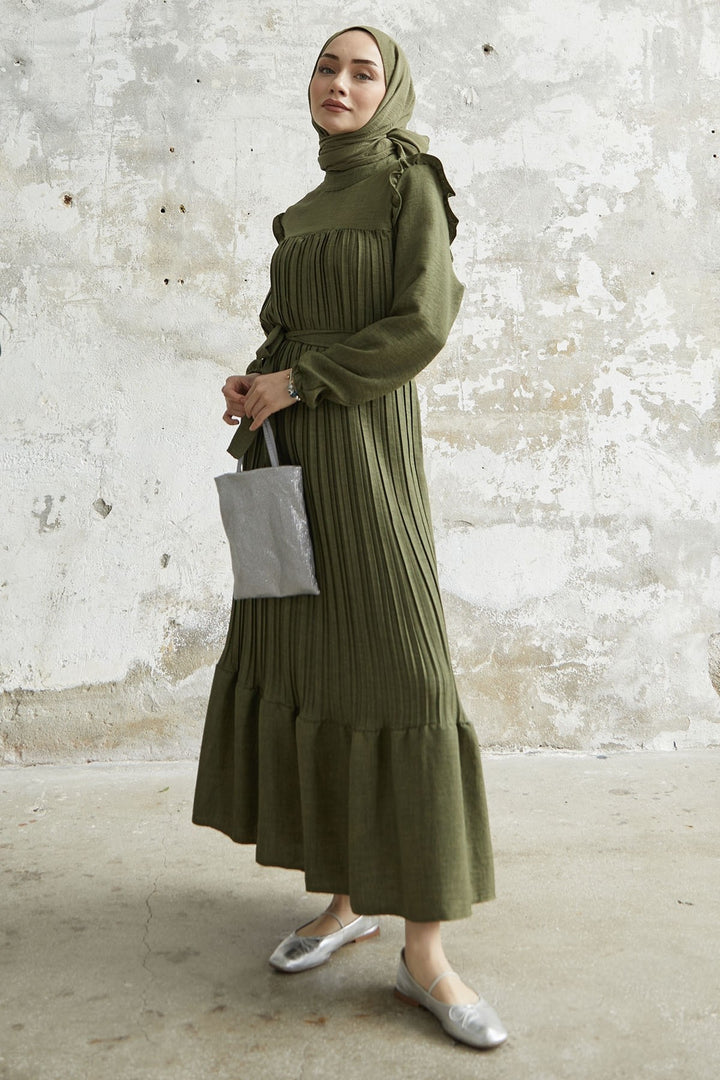MDS Women Ruffle Trim Linen Dress with Puff Sleeves - Khaki - Manukau City